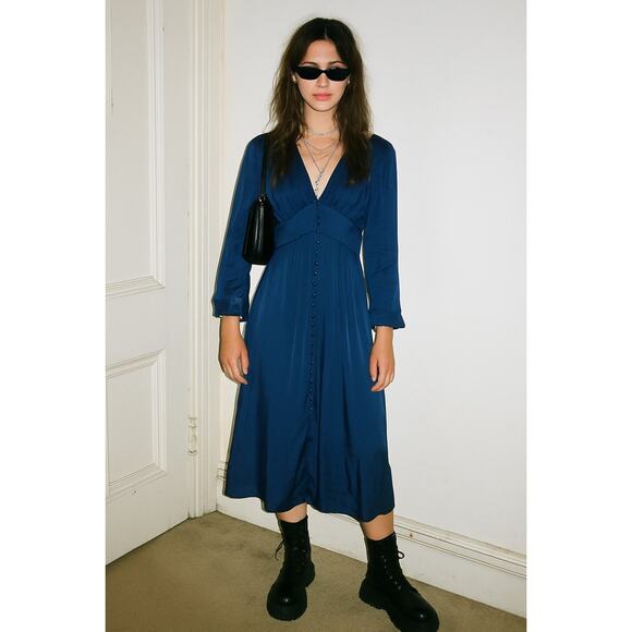 Raquel Allegra Blue Satin Button Midi Dress Witchy Romantic Grunge XS Small - Picture 1 of 9